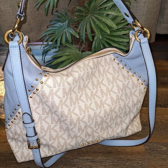 RARE Michael Kors Aria Signature Shoulder Bag. Vanilla & Pale Skye Blue - Picture 7 of 14